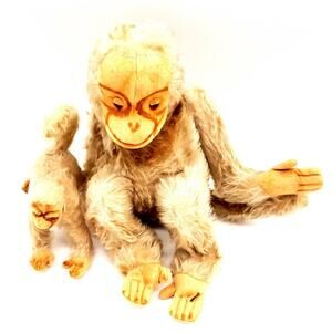 Antique Steiff Mohair Monkey Baboon Glass Eyes Moveable Head ca. 1930s W/ Baby